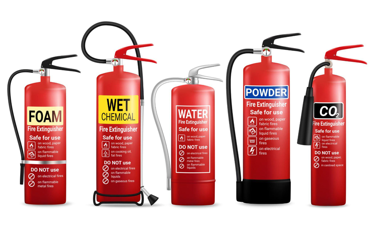Fire extinguisher types: CO2, Foam, Wet Chemical, Dry Powder, Water extinguishers.