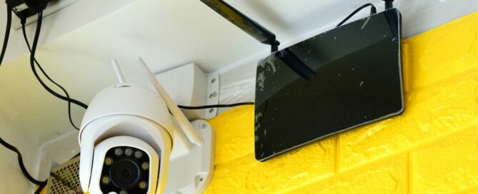 CCTV Router next to camera on yellow wall.