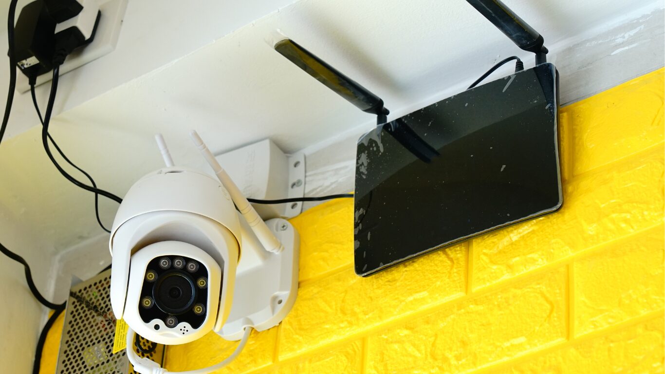 CCTV Router next to camera on yellow wall.