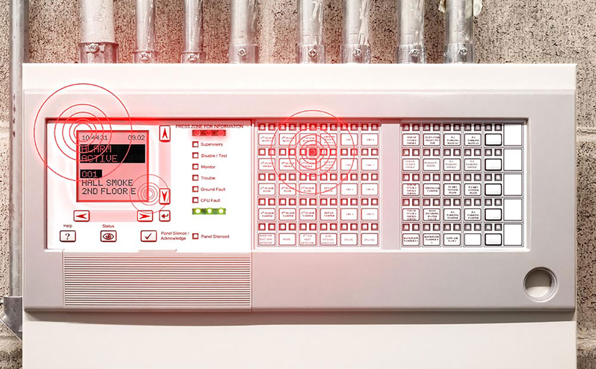 A commercial fire alarm system showing it is detecting smoke on the 2nd floor of the business property.