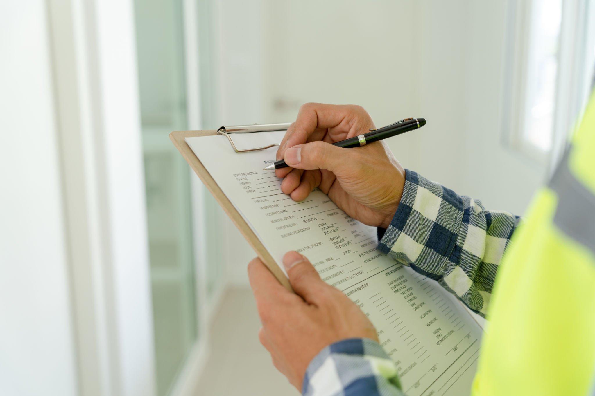 A person holding a clipboard and filling out a form with a pen, wearing a checkered shirt.