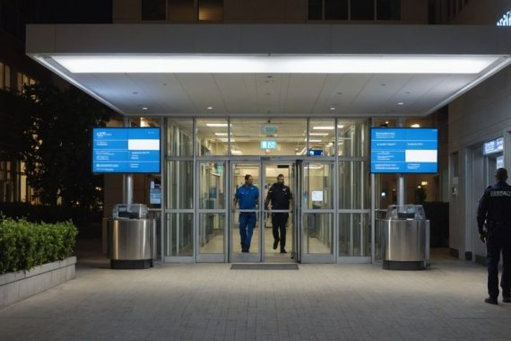 Hospital entrance with security personnel and cameras.