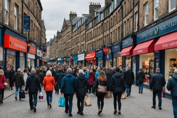 Busy Scottish retail street with shops and security cameras.