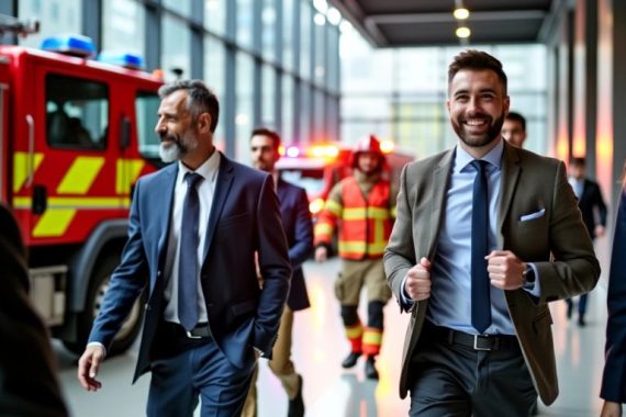 Employees evacuating office during fire drill