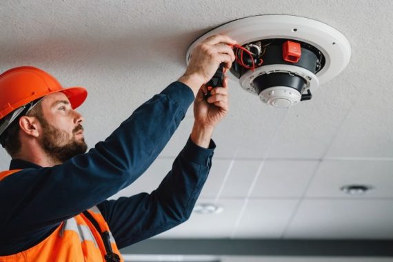 Technician installing fire alarm on ceiling