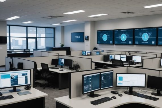 Office with interconnected security cameras and network equipment
