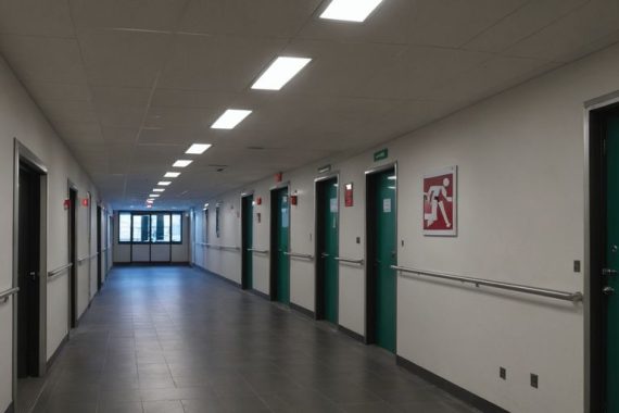 Emergency exit pathway with overhead lights