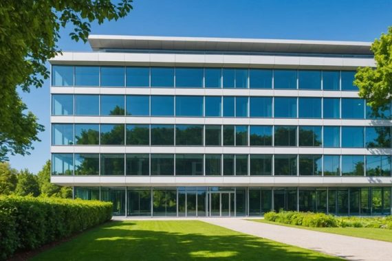 Modern office building with glass windows and greenery